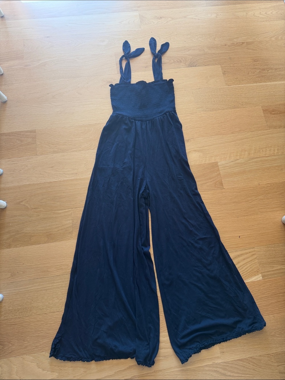 Free People Navy Smocked Bodice Wide-Leg Jumpsuit with Tie Straps